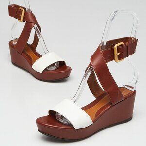 Fendi Brown/White Leather Ankle Wrap Wedge Sandals Size 7.5/38
